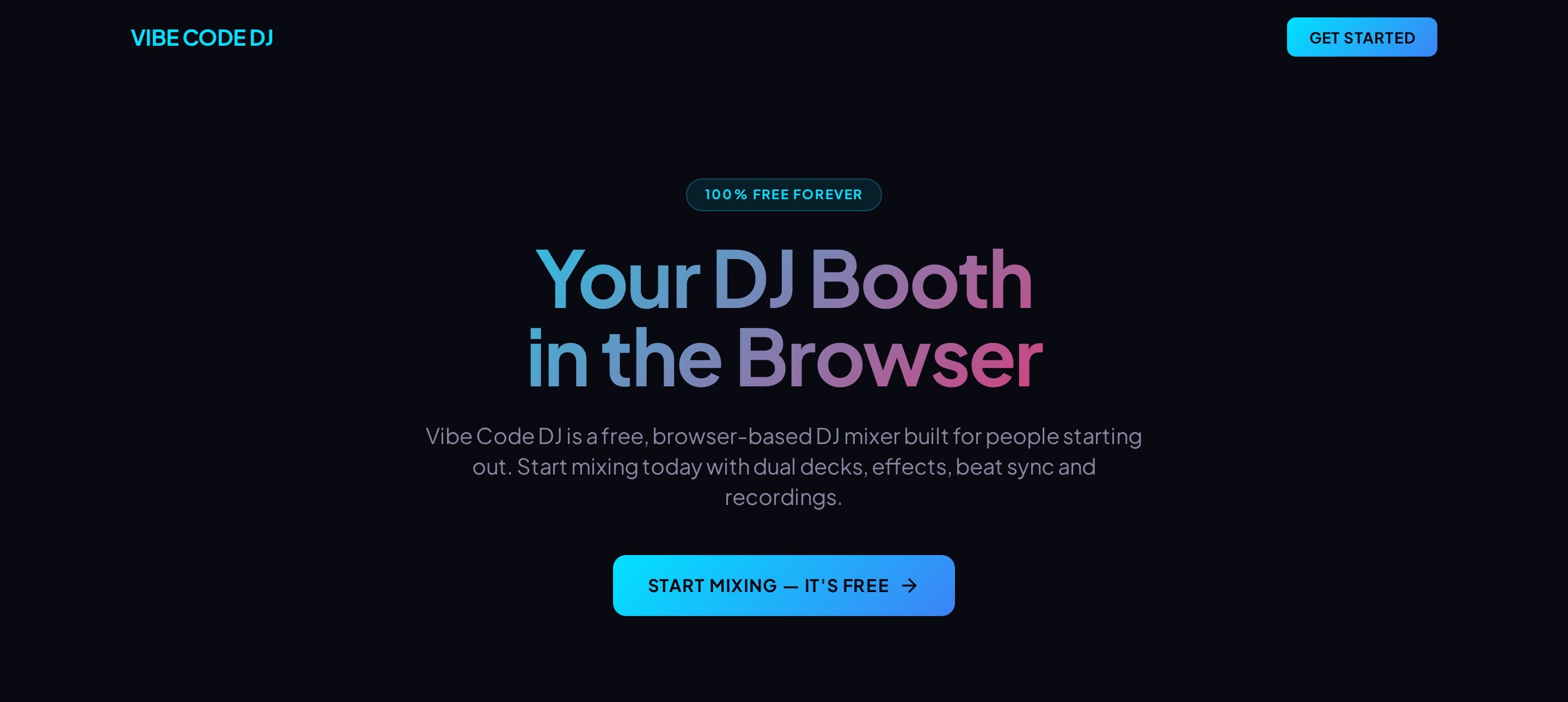 Vibe Code DJ browser mixing console with two decks