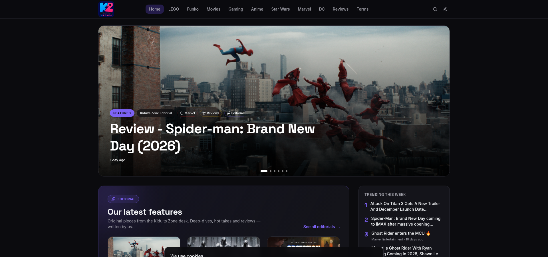 Screenshot of the Kidults Zone homepage showing the featured editorial hero