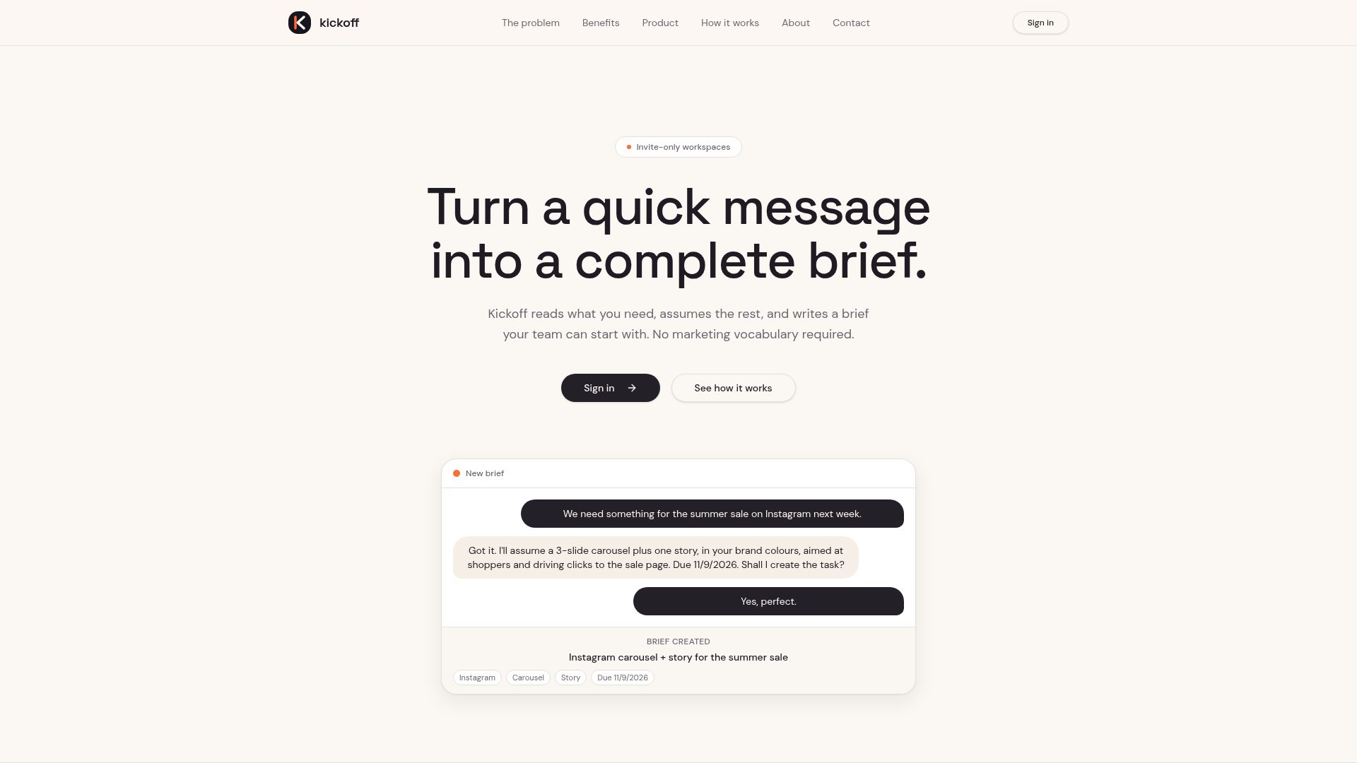 Kickoff landing page showing a chat turning a short request into a complete brief